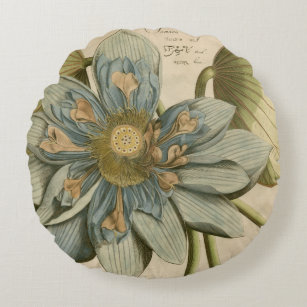 Blue Lotus Flower on Tan Background with Writing Round Pillow