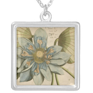 Blue Lotus Flower on Tan Background with Writing Silver Plated Necklace