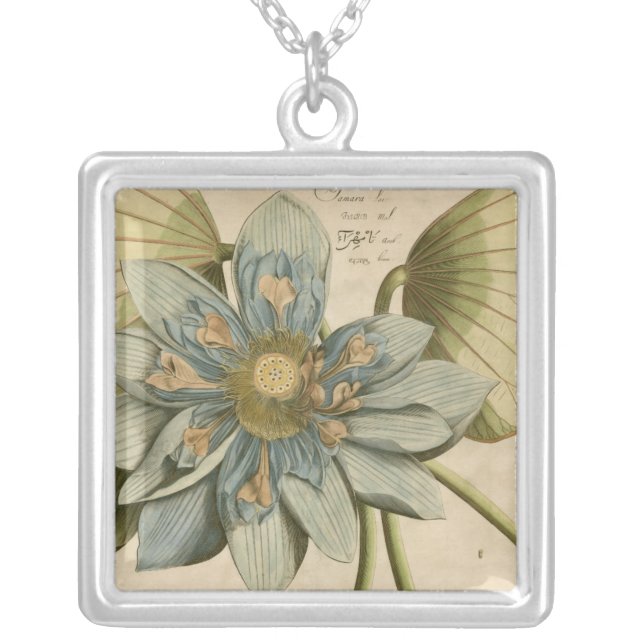 Blue Lotus Flower on Tan Background with Writing Silver Plated Necklace (Front)
