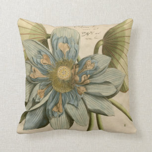 Blue Lotus Flower on Tan Background with Writing Throw Pillow