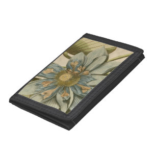 Blue Lotus Flower on Tan Background with Writing Trifold Wallet