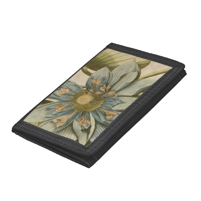 Blue Lotus Flower on Tan Background with Writing Trifold Wallet (Bottom)