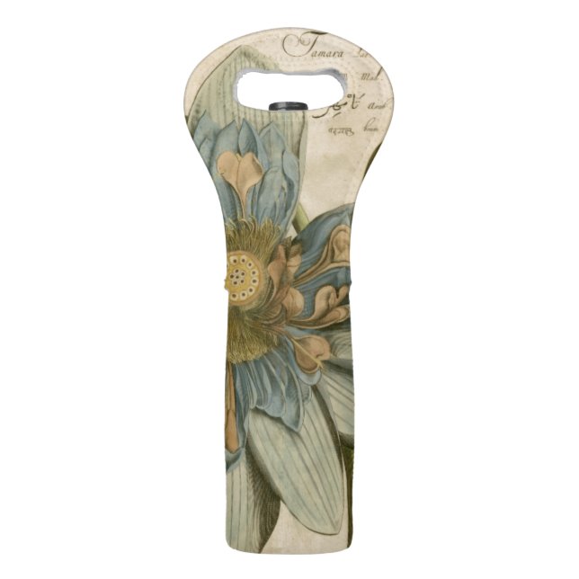 Blue Lotus Flower on Tan Background with Writing Wine Bag (Back)