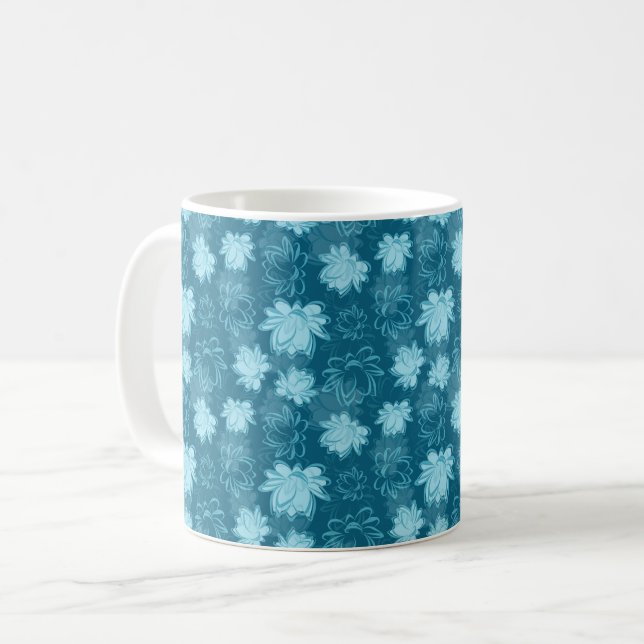 Blue Lotus Flower Pattern on Turquoise Background Coffee Mug (Front Left)