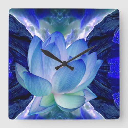 Blue lotus lily flower square wall clock