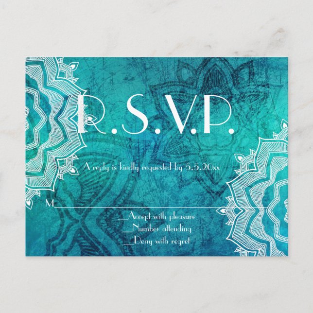 Blue lotus pattern wedding r.s.v.p. cards (Front)