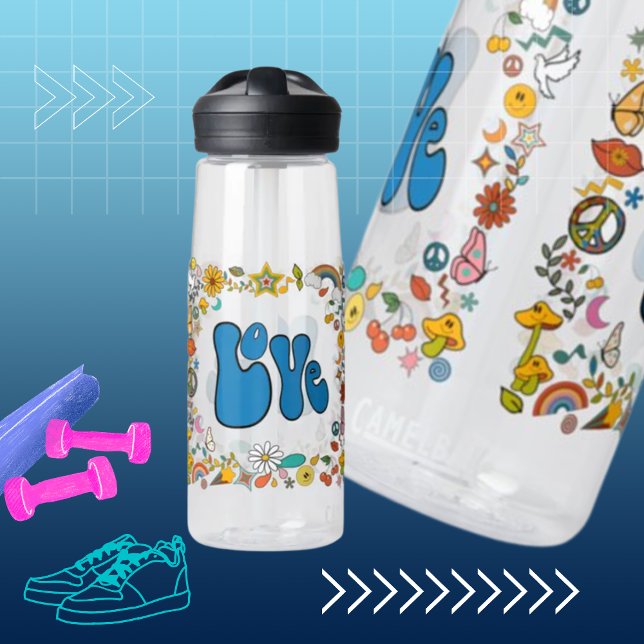 Blue LOVE 70's Theme Shapes & Symbols Water Bottle (Creator Uploaded)
