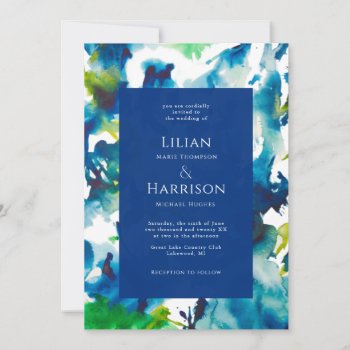 Blue Love Abstract Watercolor Wedding Invitation by All_about_Wedding at Zazzle