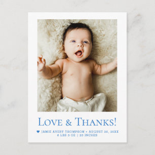 Blue Love and Thanks Baby Photo Birth announcement Postcard