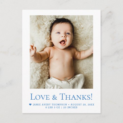 Blue Love and Thanks Baby Photo Birth announcement Postcard