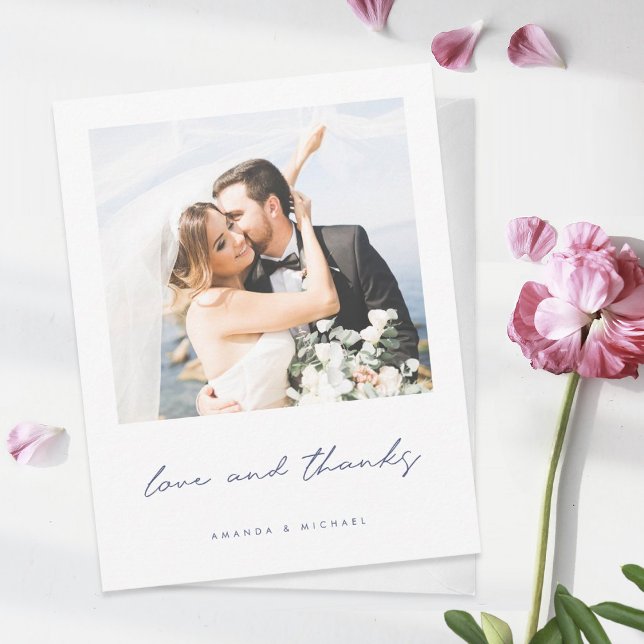 Blue Love and Thanks Newlywed Photo Wedding Thank You Card (Creator Uploaded)