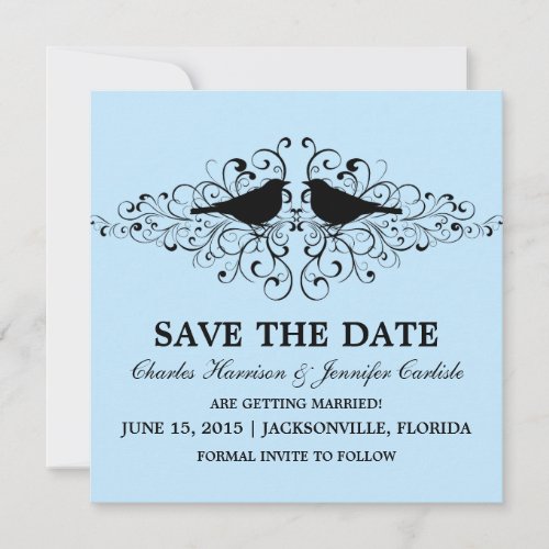 Blue Love Bird Swirls Save the Date Invite