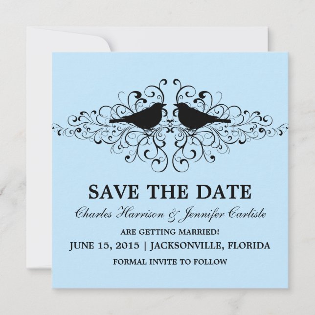 Blue Love Bird Swirls Save the Date Invite (Front)