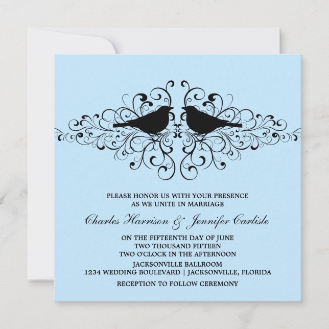 Blue Love Bird Swirls Wedding Invitation (Front)