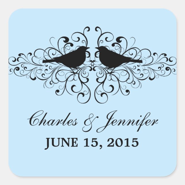 Blue Love Bird Swirls Wedding Stickers (Front)
