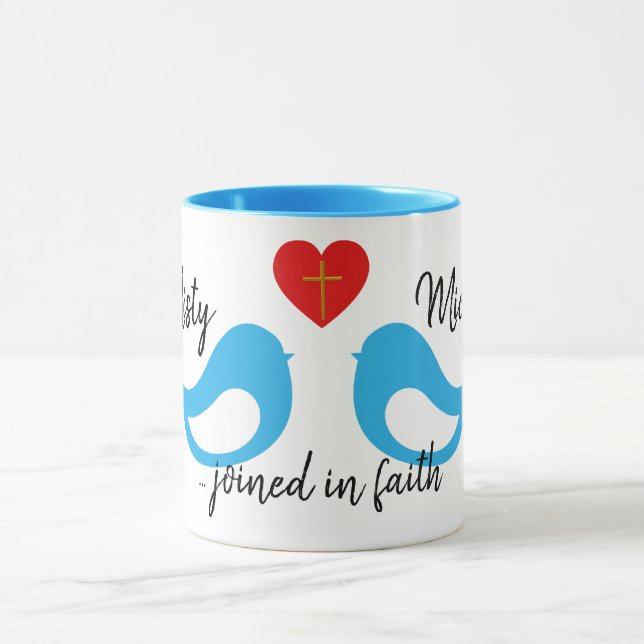 Blue Love Birds Heart with Cross and Names Wedding Mug (Center)