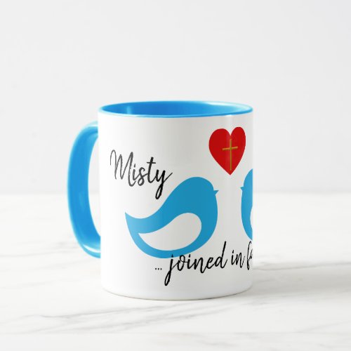 Blue Love Birds Heart with Cross and Names Wedding Mug