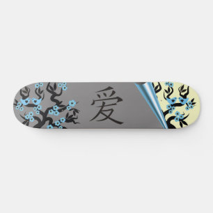 Blue Love Birds On Sakura Tree Chinese Love Symbol Skateboard