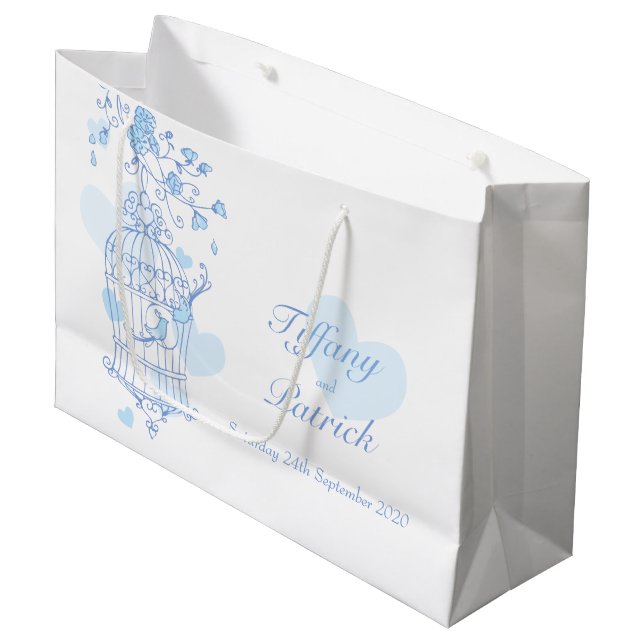 Blue love birds open birdcage wedding gift bag (Front Angled)