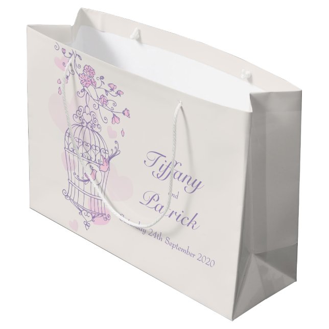 Blue love birds open birdcage wedding gift bag (Back Angled)