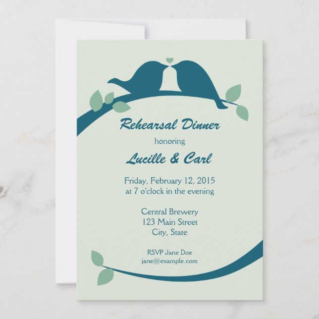 Blue Love Birds Rehearsal Dinner Invitations (Front)
