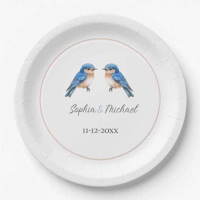 Blue Love Birds Wedding Paper Plates (Front)