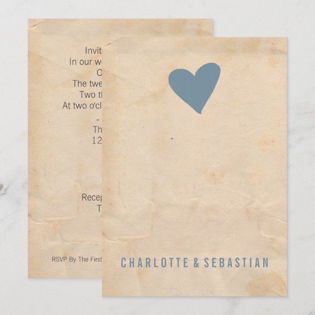 Blue Love Heart Modern Simple Contemporary Wedding Invitation (Front/Back)