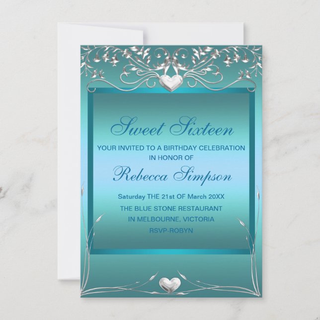 Blue Love Heart Sweet 16 Birthday Invite (Front)