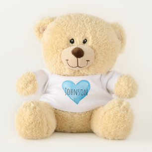 Blue Love Heart Typography with Baby Name Teddy Bear