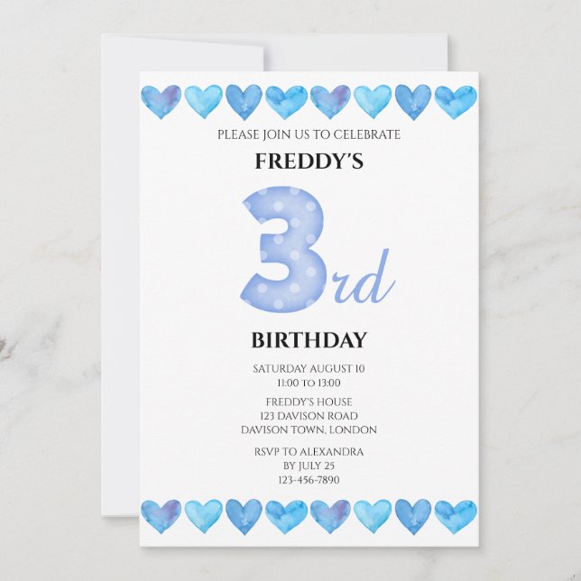 Blue Love Hearts 3rd Birthday Photo Invitation (Front)