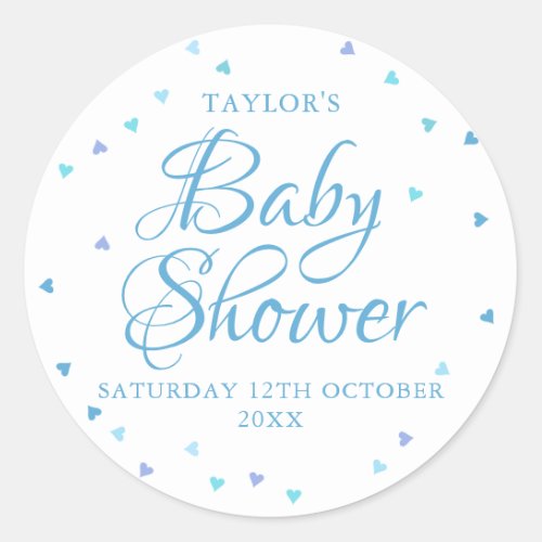 Blue Love Hearts Baby Boy shower  Sprinkle Classic Round Sticker