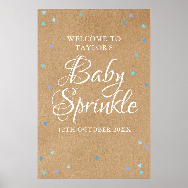 Blue Love Hearts Boho Baby Boy Sprinkle Welcome Poster (Front)