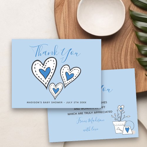 Blue Love Hearts Potted Plant Boy Baby Shower Thank You Card