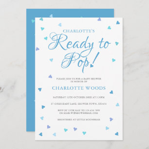 Blue Love Hearts Ready To Pop Baby Boy Shower Invitation