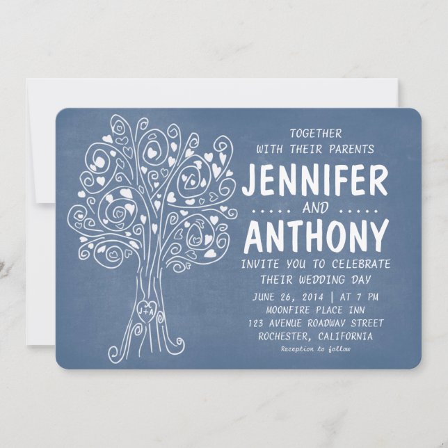 blue love hearts tree rustic wedding invitation (Front)