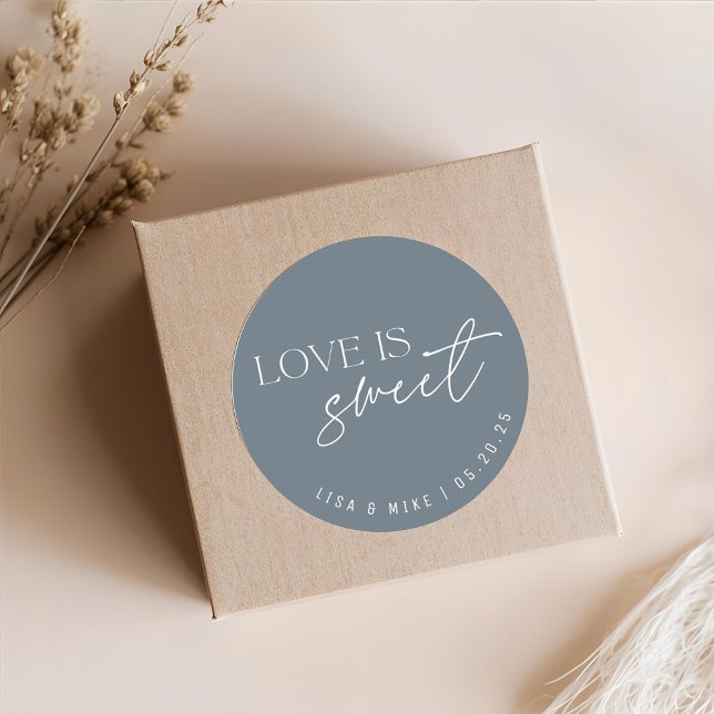 Blue Love is Sweet Wedding Favor Classic Round Sticker (Creator Uploaded)