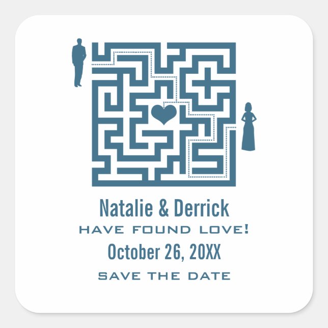 Blue Love Maze Save the Date Stickers (Front)
