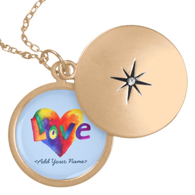 Blue Love Word Rainbow Heart Gold Locket Necklace (Front)