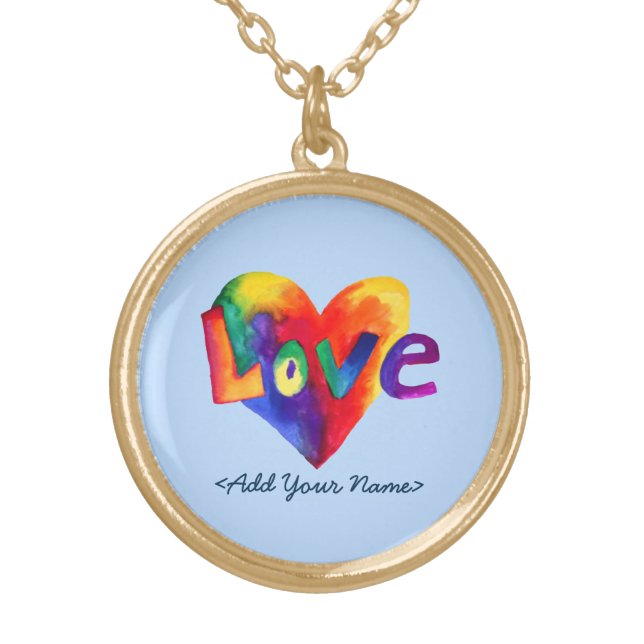 Blue Love Word Rainbow Heart Gold Necklaces (Front)