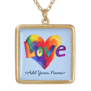 Blue Love Word Rainbow Heart Gold Necklaces