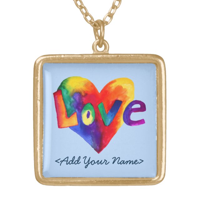 Blue Love Word Rainbow Heart Gold Necklaces (Front)