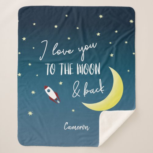 Blue Love you to the moon and back baby Name Space Sherpa Blanket
