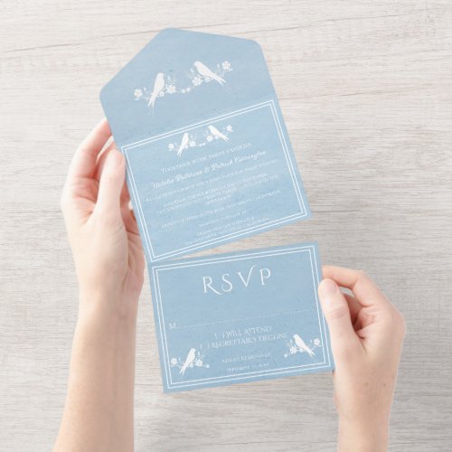 Blue Lovebird Floral All in One Wedding Invite