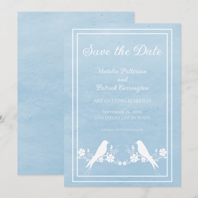 Blue Lovebird Floral Save the Date Invite (Front/Back)