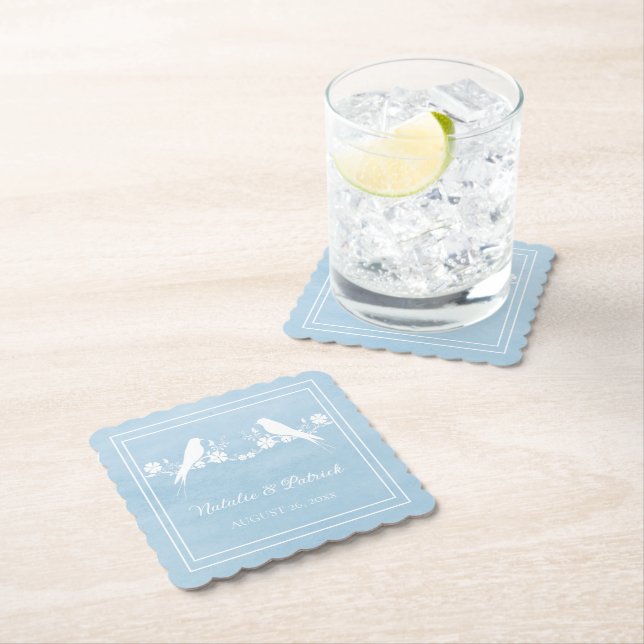 Blue Lovebird Floral Wedding Paper Coasters (Insitu)