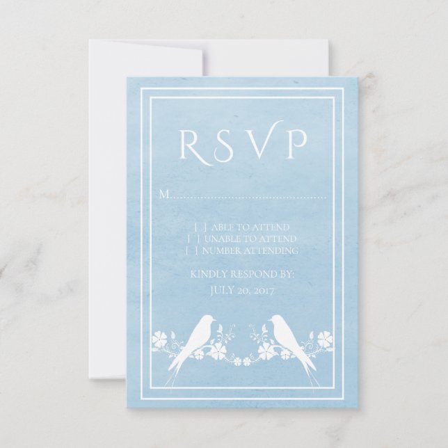 Blue Lovebird Floral Wedding RSVP Card (Front)