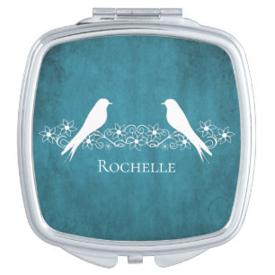 Blue Lovebirds Floral Vine Compact Mirror