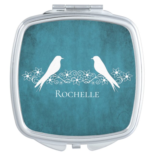 Blue Lovebirds Floral Vine Compact Mirror (Front)