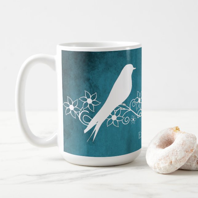 Blue Lovebirds Floral Vine Personalized Coffee Mug (With Donut)