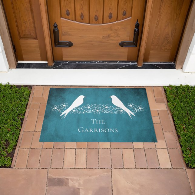 Blue Lovebirds Floral Vine Personalized Doormat (Outdoor)